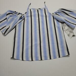 NEW Crave Fame Shirt Women XS Blue Tank Top Ruffle Sleeve Stripe Comfort Stretch
